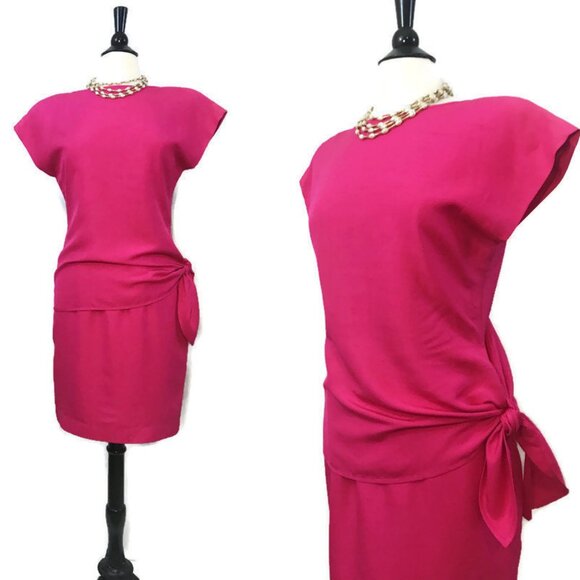 Vintage 80s 90s Bill Blass Dress Silk Sarong Mini Wrap Fushia Pink - Picture 3 of 7